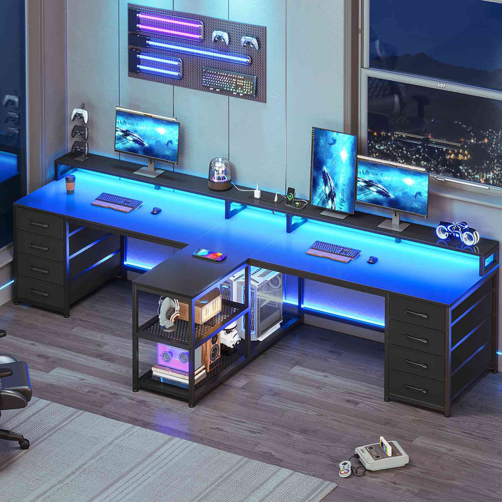 SEDETA | 94.5 Inch 2 Person Gaming Desk with Power Strip 8 Drawers Long Office Computer Desk LED Lights and Monitor Stand