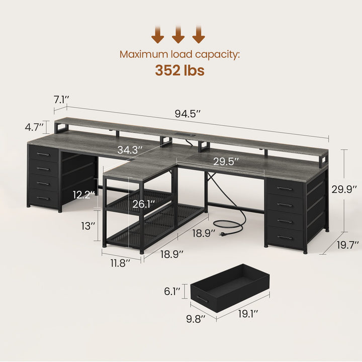 SEDETA | 94.5 Inch 2 Person Gaming Desk with Power Strip 8 Drawers Long Office Computer Desk LED Lights and Monitor Stand