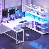 SEDETA - 63 Inch L Shaped Gaming Desk Reversible Computer Desk with Power Outlet and Storage Shelves Corner Gaming Desk with LED Lights Bookshelf for Home Office