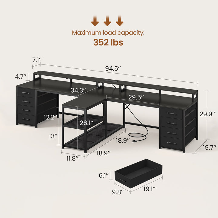 SEDETA | 94.5 Inch 2 Person Gaming Desk with Power Strip 8 Drawers Long Office Computer Desk LED Lights and Monitor Stand