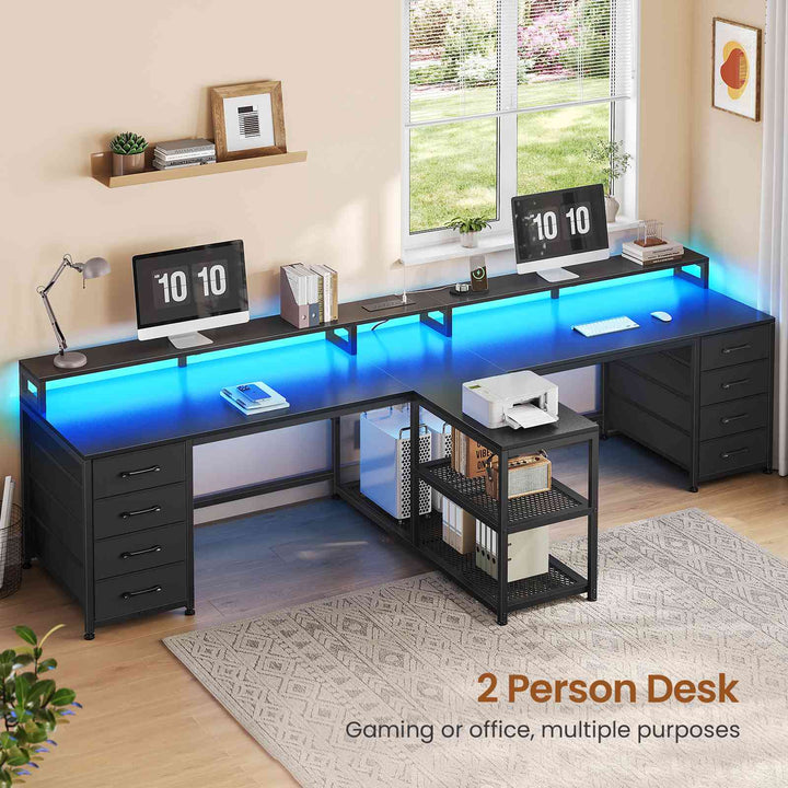SEDETA | 94.5 Inch 2 Person Gaming Desk with Power Strip 8 Drawers Long Office Computer Desk LED Lights and Monitor Stand