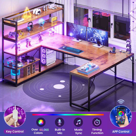 SEDETA - 63 Inch L Shaped Gaming Desk Reversible Computer Desk with Power Outlet and Storage Shelves Corner Gaming Desk with LED Lights Bookshelf for Home Office