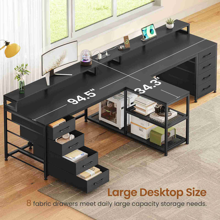 SEDETA | 94.5 Inch 2 Person Gaming Desk with Power Strip 8 Drawers Long Office Computer Desk LED Lights and Monitor Stand