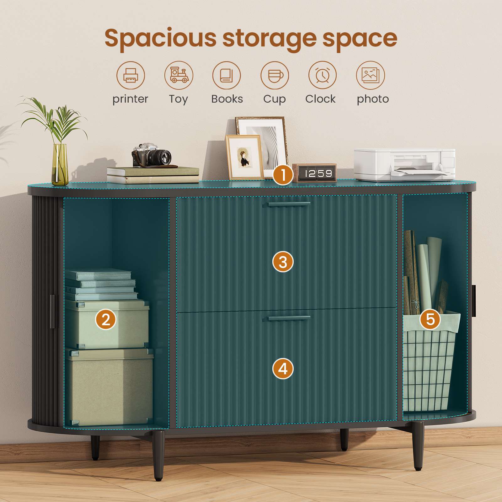 Four Inch Files SEDETA 39.4 Inch File Cabinet for Home Office Modern Fluted Curved Cab