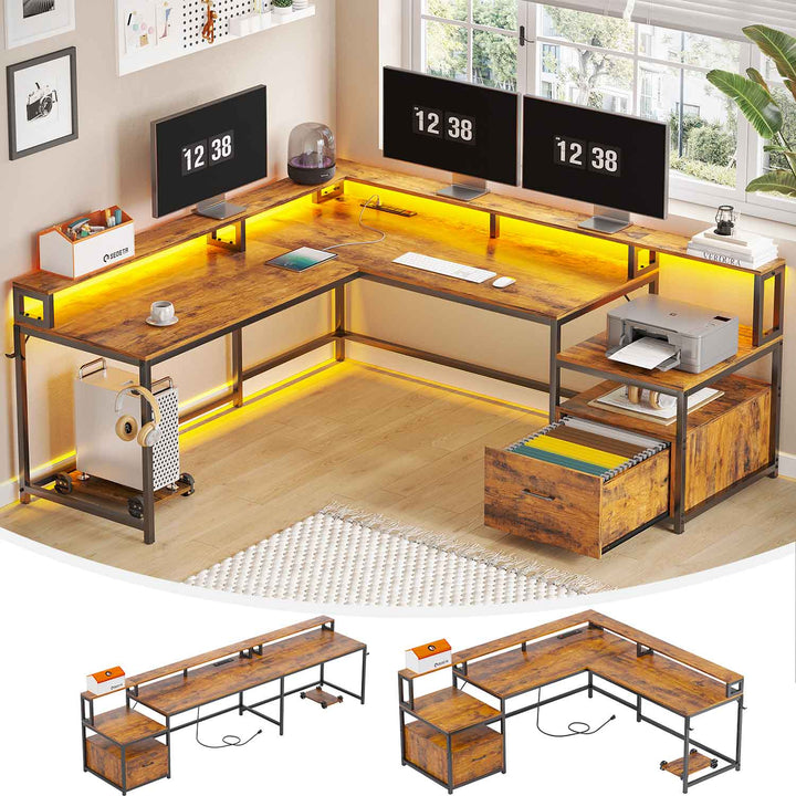 SEDETA 66 Inch L Shaped Gaming Desk Two Person Desk with Led Lights