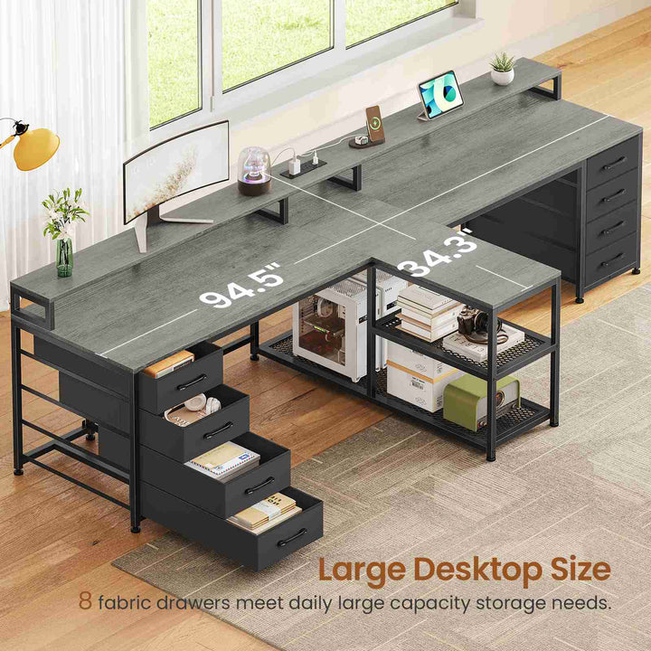 SEDETA | 94.5 Inch 2 Person Gaming Desk with Power Strip 8 Drawers Long Office Computer Desk LED Lights and Monitor Stand