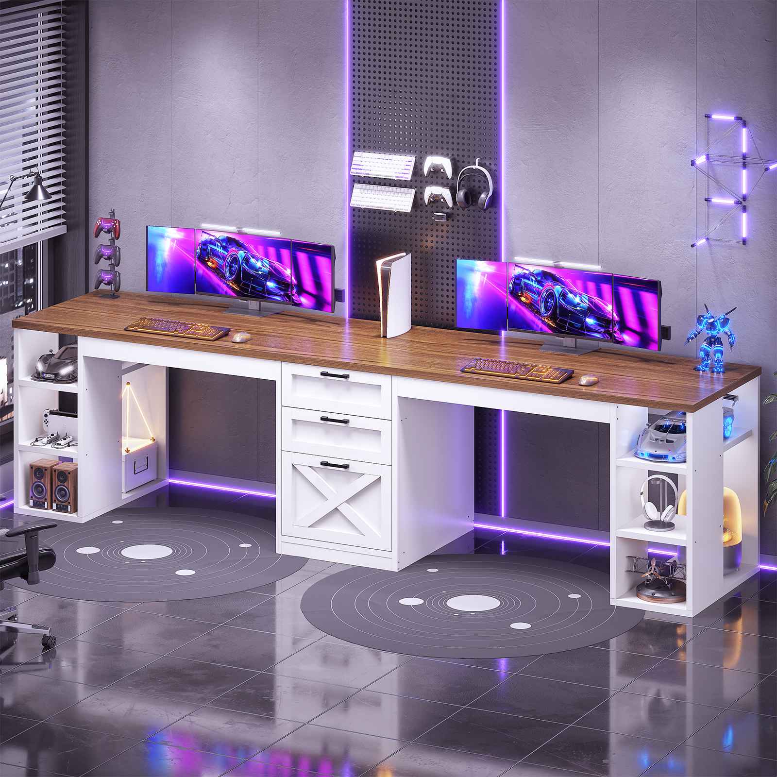 SEDETA® 96.5 Inch Two Person Farmhouse Computer Desk with Drawers and