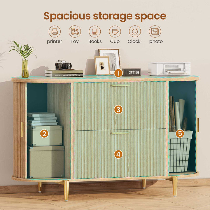 SEDETA® 39.4 Inch Home Office File Cabinet Curved Sliding Cabinet Modern Light Luxury Design Fluted Filing Cabinets and 2 Drawers