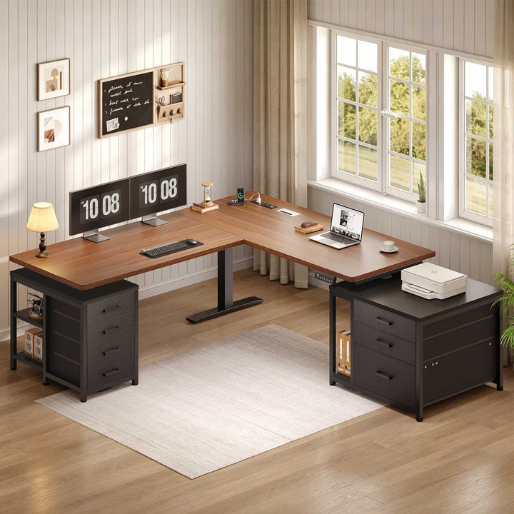SEDETA | 63 Inch Sit Stand Desk with Storage Shelves 3 Memory Presets Height Adjustable Stand Up Desk with Power Outlets L Shaped Electric Standing Desk with 7 Drawers