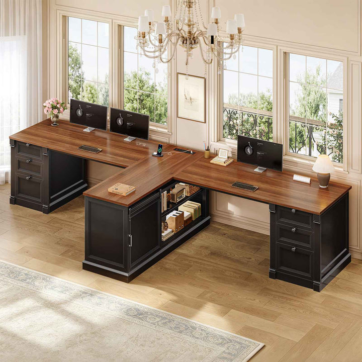 SEDETA | 110.2 Inch T Shaped Office Desk with 6 Drawers Storage Shelves Farmhouse Two Person Desk with Power Strip 2 Person Desk with 2 Sliding Barn Doors for Home Office