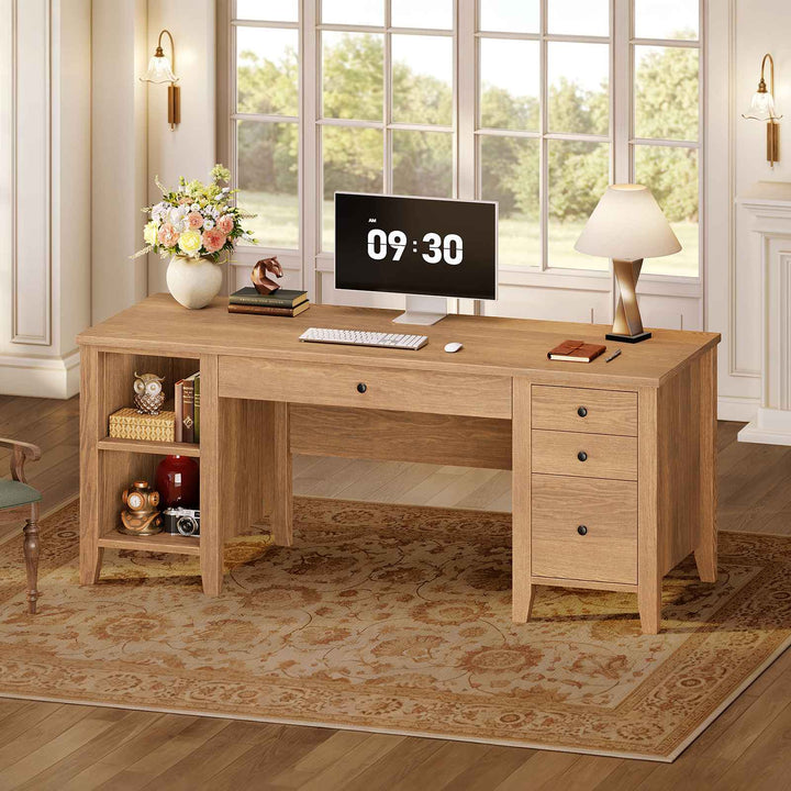 SEDETA® 58 Inch Solid Pine Wood Computer Desk with 4 Wood Drawers Executive Home Office Desk with Storage Shelves for Work Study Writing