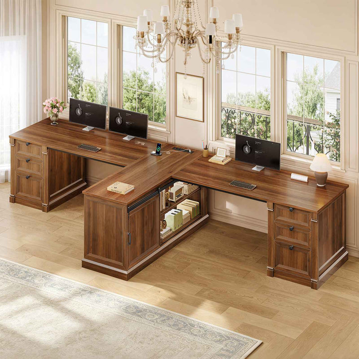 SEDETA | 110.2 Inch T Shaped Office Desk with 6 Drawers Storage Shelves Farmhouse Two Person Desk with Power Strip 2 Person Desk with 2 Sliding Barn Doors for Home Office