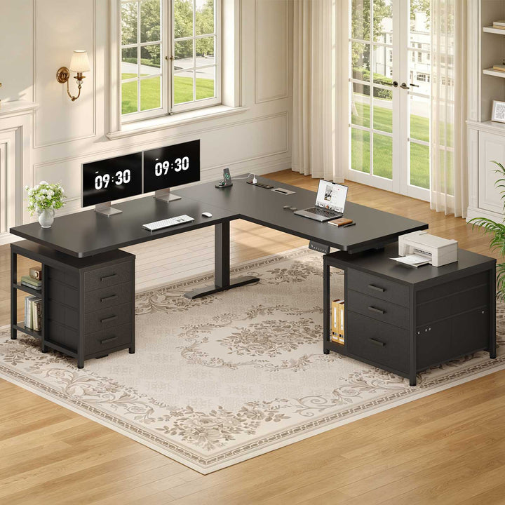 SEDETA | 63 Inch Sit Stand Desk with Storage Shelves 3 Memory Presets Height Adjustable Stand Up Desk with Power Outlets L Shaped Electric Standing Desk with 7 Drawers