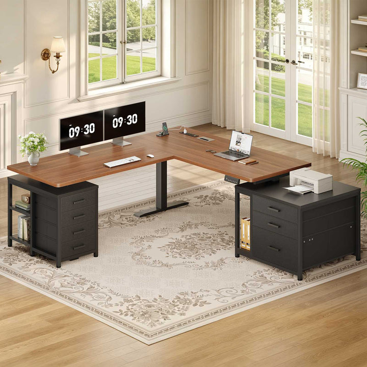 SEDETA | 63 Inch Sit Stand Desk with Storage Shelves 3 Memory Presets Height Adjustable Stand Up Desk with Power Outlets L Shaped Electric Standing Desk with 7 Drawers