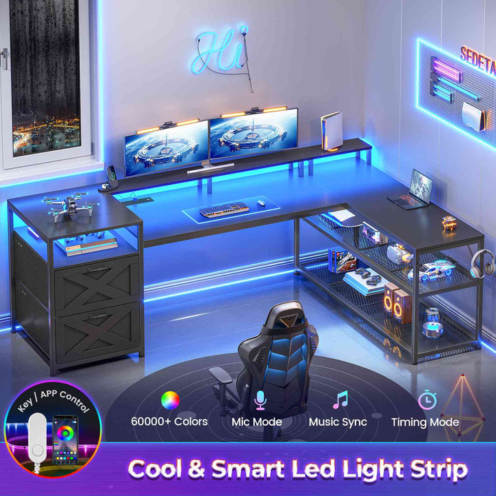 SEDETA | 67 Inch Reversible L Shaped Led Gaming Desk with Drawers for Home Office