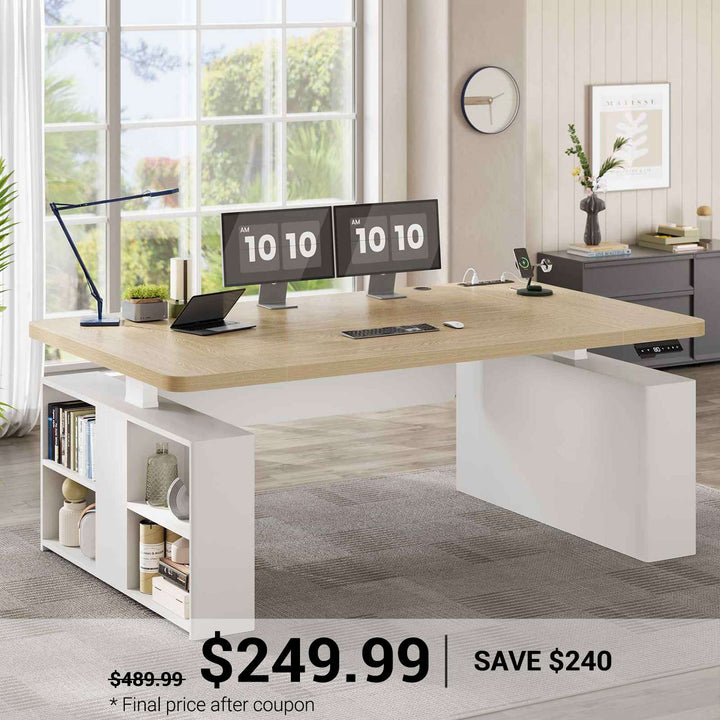 SEDETA | 63 Inch Electric Executive Standing Desk Height Adjustable Computer Desk with Power Outlets Open Shelves with Privacy Panel