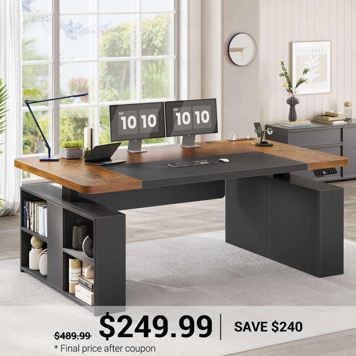 SEDETA | 63 Inch Electric Executive Standing Desk Height Adjustable Computer Desk with Power Outlets Open Shelves with Privacy Panel