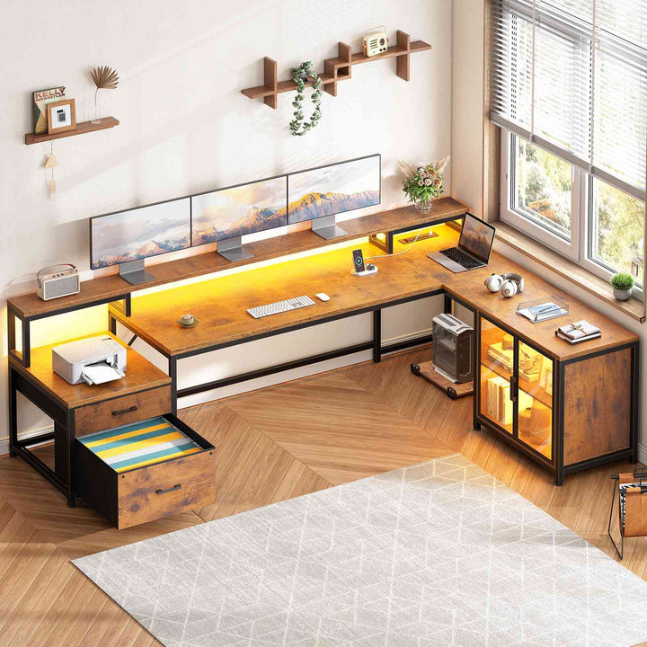 SEDETA 78.7 Inch L Shaped Gaming Desk with LED Light Computer Desk with Drawers Power Outlet Storage Shelves and Display Cabinet