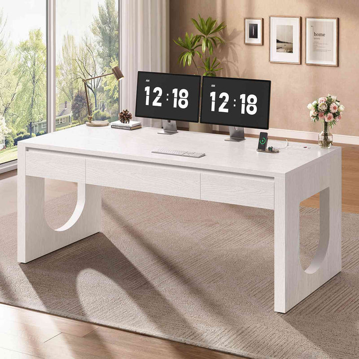 SEDETA 55 Inch Modern Office Desk with 3 Drawers Executive Desk with U-Shaped Legs Wood Computer Desk with Power Outlet Home Office Desks with Relief Texture