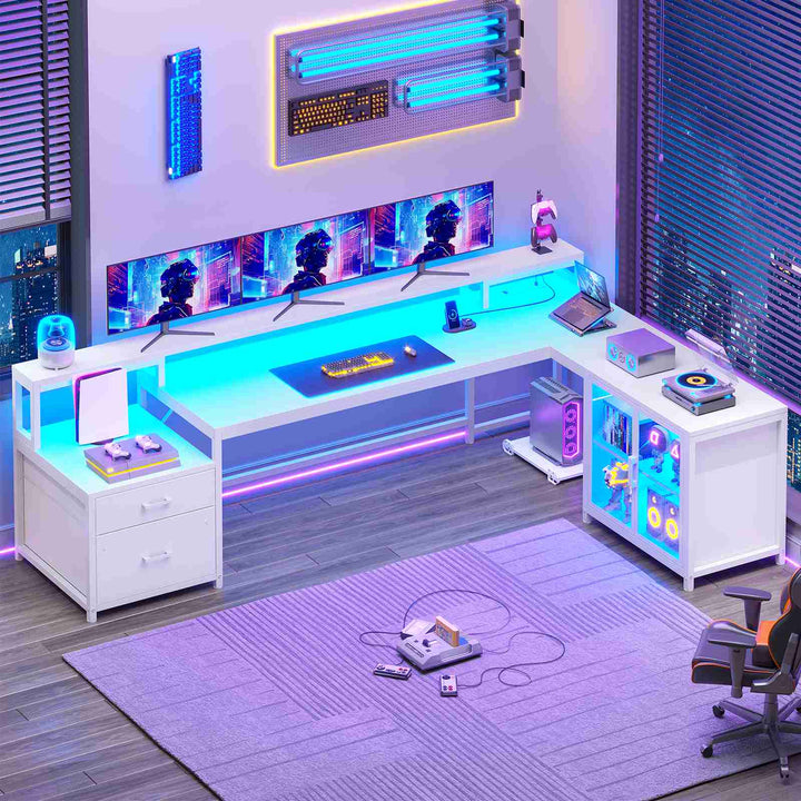 SEDETA 78.7 Inch L Shaped Gaming Desk with LED Light Computer Desk with Drawers Power Outlet Storage Shelves and Display Cabinet