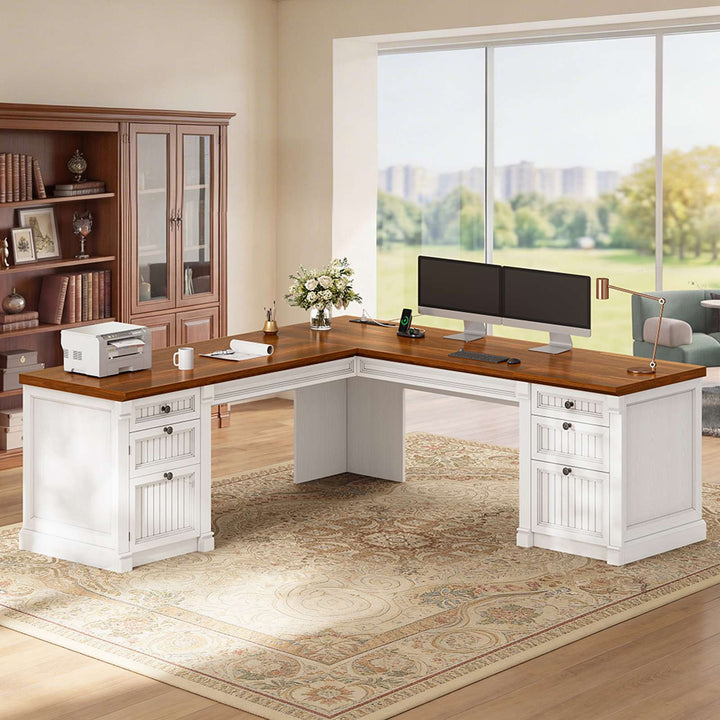 SEDETA® 67 Inch L Shaped Computer Desk American Style Large Executive Desk with Power Strip 4 File Drawers Storage Cabinet Adjustable Shelf