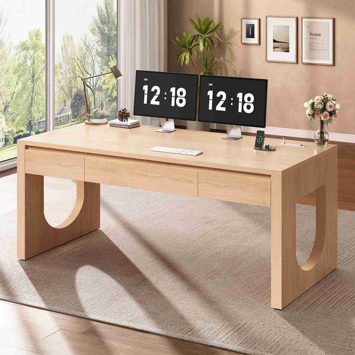 SEDETA 55 Inch Modern Office Desk with 3 Drawers Executive Desk with U-Shaped Legs Wood Computer Desk with Power Outlet Home Office Desks with Relief Texture