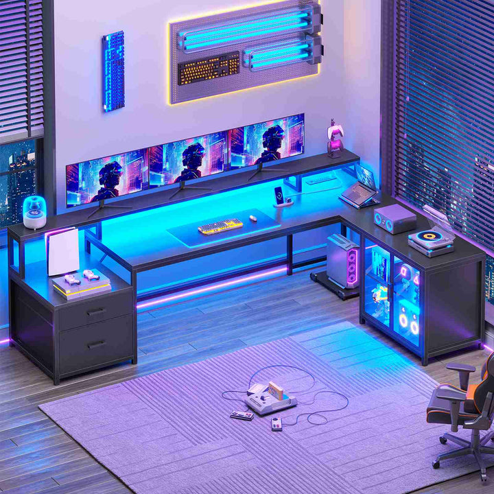 SEDETA 78.7 Inch L Shaped Gaming Desk with LED Light Computer Desk with Drawers Power Outlet Storage Shelves and Display Cabinet