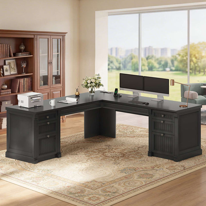 SEDETA® 67 Inch L Shaped Computer Desk American Style Large Executive Desk with Power Strip 4 File Drawers Storage Cabinet Adjustable Shelf