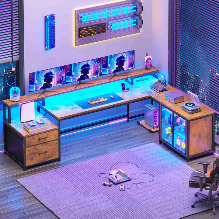 SEDETA 78.7 Inch L Shaped Gaming Desk with LED Light Computer Desk with Drawers Power Outlet Storage Shelves and Display Cabinet