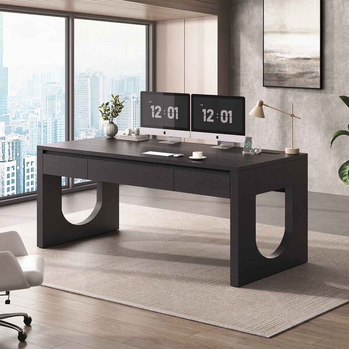 SEDETA 55 Inch Modern Office Desk with 3 Drawers Executive Desk with U-Shaped Legs Wood Computer Desk with Power Outlet Home Office Desks with Relief Texture