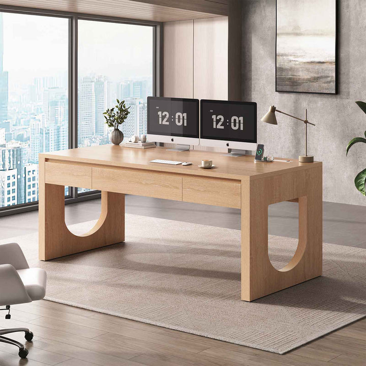 SEDETA 55 Inch Modern Office Desk with 3 Drawers Executive Desk with U-Shaped Legs Wood Computer Desk with Power Outlet Home Office Desks with Relief Texture