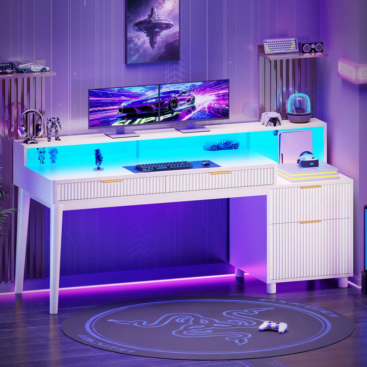 SEDETA® 59 Inch Fluted Wood Gaming Computer Desk with Storage Modern Office Desk with 4 Drawers LED Lights and Power Strip Writing Desk Study Table