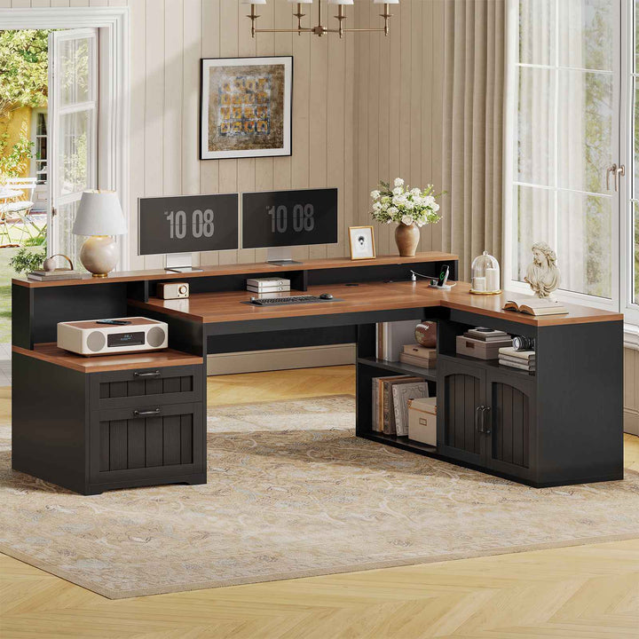SEDETA® 59 Inch Farmhouse L Shaped Wood Computer Desk Corner Home Office Desk with File Drawers Storage Cabinet Monitor Stand Power Outlets