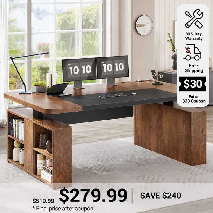 SEDETA 63 Inch Executive Standing Desk with Storage Height Adjustable Desk with Power Outlets Computer Office Desk with Privacy Panel