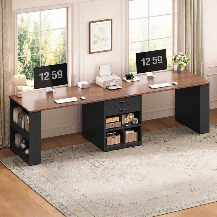 SEDETA® 90.5 Inch Two Person Computer Desk Long Office Desk Writing Desk with Two Drawers Storage Shelves for Home Office