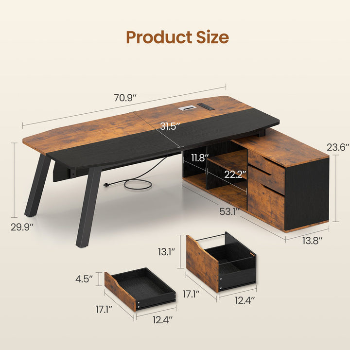 SEDETA 71 Inch Executive Desk with File Cabinet Office Desk with Drawers and Shelves L Shaped Computer Desk with Power Outlets