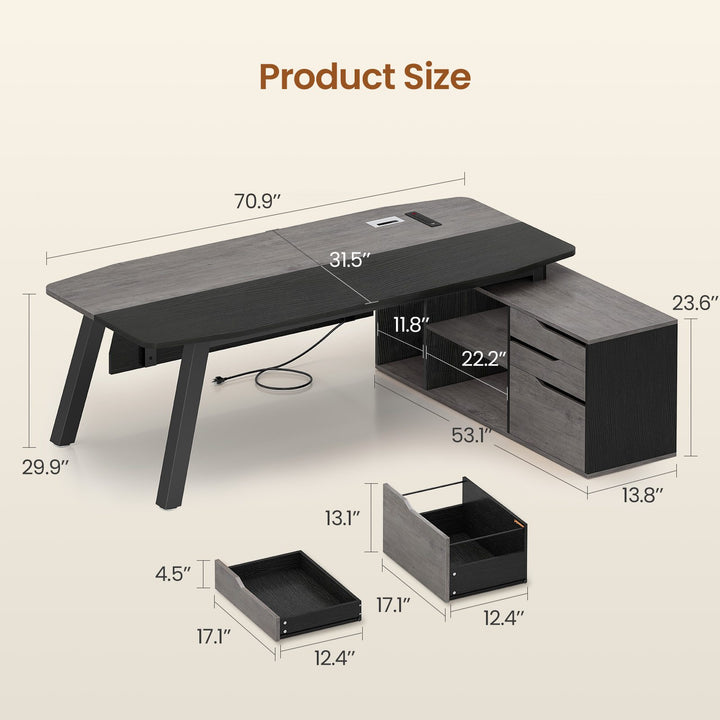 SEDETA 71 Inch Executive Desk with File Cabinet Office Desk with Drawers and Shelves L Shaped Computer Desk with Power Outlets