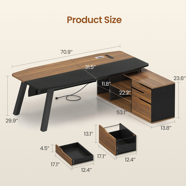 SEDETA 71 Inch Executive Desk with File Cabinet Office Desk with Drawers and Shelves L Shaped Computer Desk with Power Outlets