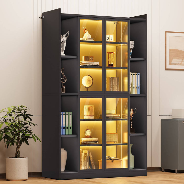 SEDETA 64 Inch Display Cabinet with Glass Doors 6 Tier Tall Bookcase with LED Lights Curio Cabinet with Adjustable Shelves