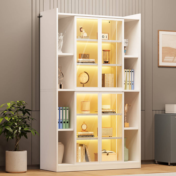 SEDETA 64 Inch Display Cabinet with Glass Doors 6 Tier Tall Bookcase with LED Lights Curio Cabinet with Adjustable Shelves