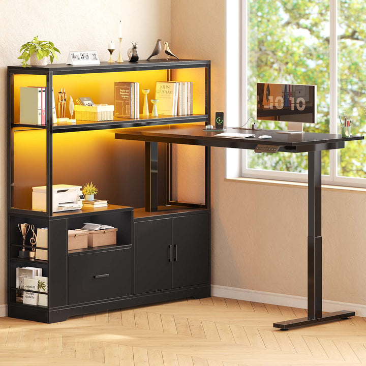 SEDETA 48.6 Inch Standing Desk Height Adjustable Electric L Shaped Stand Up Computer Gaming Desk with Drawers Hutch Power Outlets
