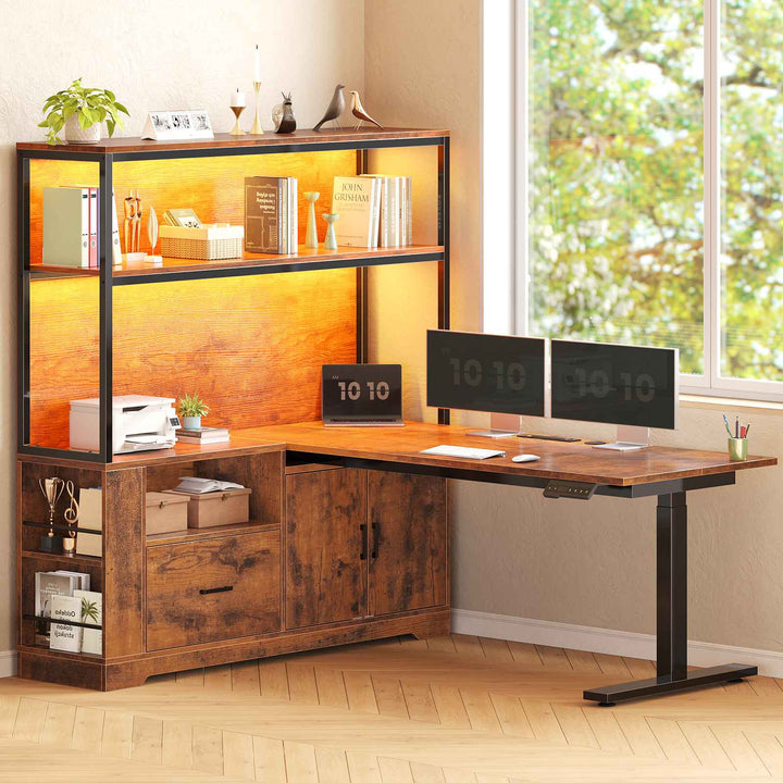 SEDETA 48.6 Inch Standing Desk Height Adjustable Electric L Shaped Stand Up Computer Gaming Desk with Drawers Hutch Power Outlets