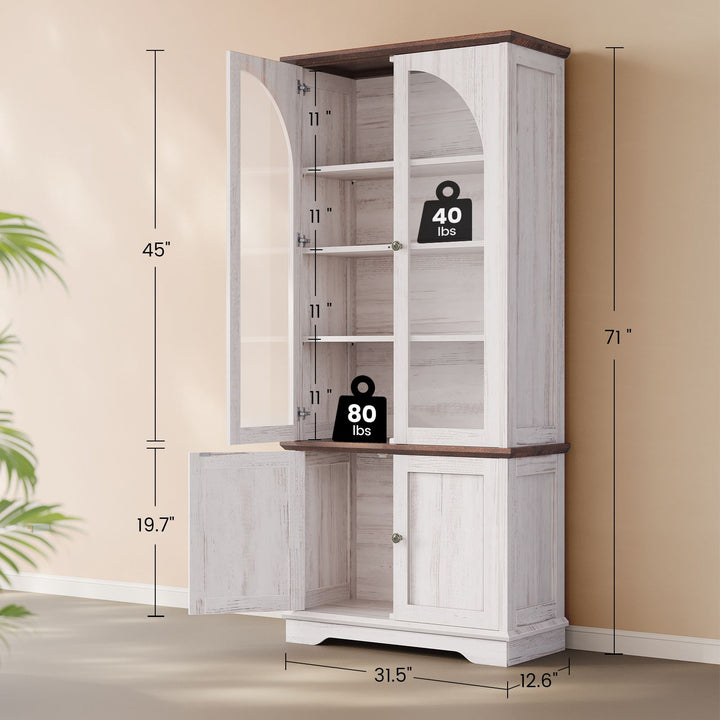 SEDETA 71 Inch Farmhouse Arched Bookcase with Glass Doors Tall Bookshelves with 4-Tier Wooden Pantry Storage Cabinet Adjustable Shelves