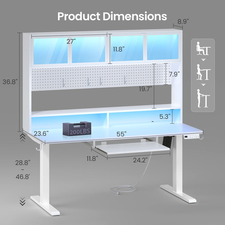 SEDETA 55 Inch Standing Desk Electric Height Adjustable Sit Stand Up Gaming Desk with Led Lights Power Outlet Storage Hutch and Pegboard