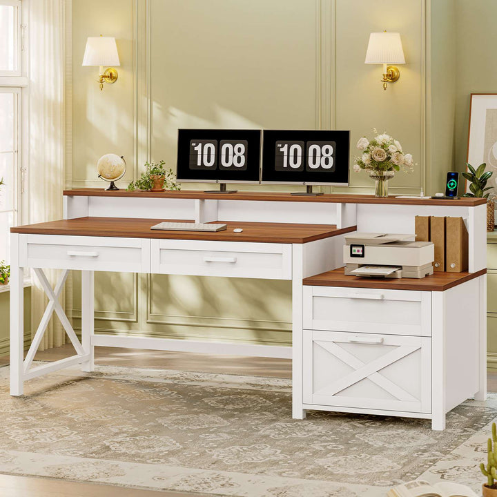 SEDETA 55 Inch Farmhouse Computer Desk with 4 Drawers Power Outlet Gaming Desk with Led Lights Storage Shelves Printer Cabinet