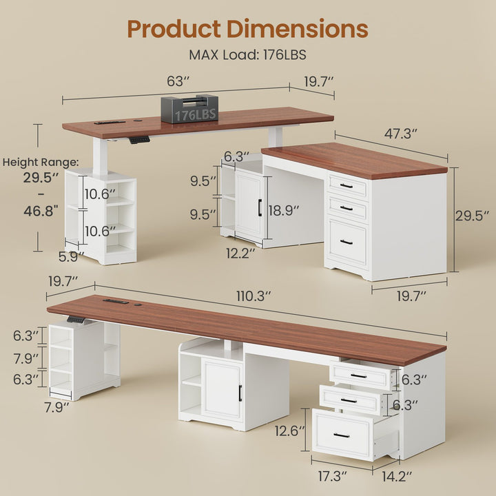 SEDETA 63 Inch L Shaped Electric Standing Desk Height Adjustable Computer Desk Farmhouse with Drawers Shelves and Power Outlet