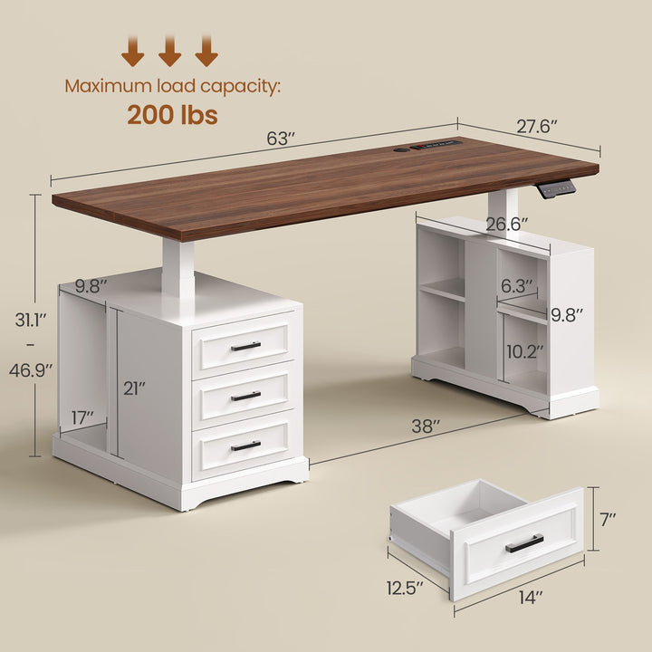 SEDETA 63 Inch Farmhouse Electric Standing Desk with 3 Drawers Storage Shelves Height Adjustable Computer Desk with Power Outlets