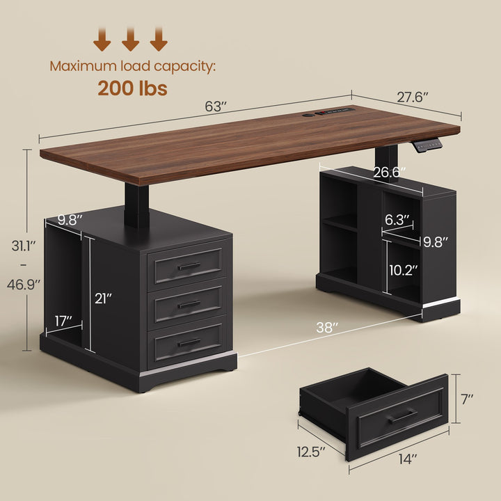 SEDETA 63 Inch Farmhouse Electric Standing Desk with 3 Drawers Storage Shelves Height Adjustable Computer Desk with Power Outlets