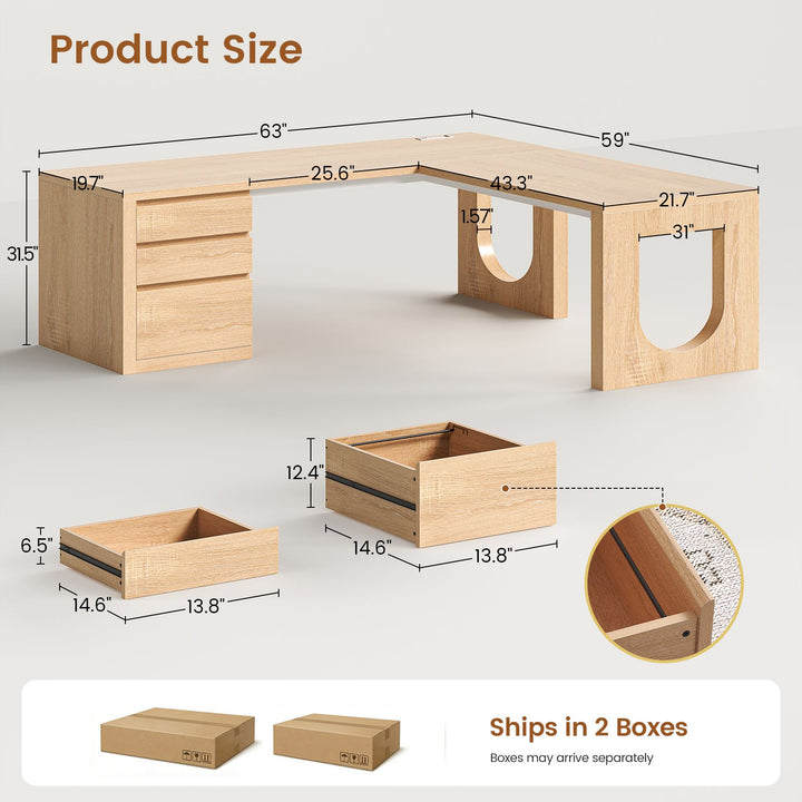 SEDETA 63 Inch Wood L Shaped Computer Desk with 3 Drawers Modern Executive Office Desk with U-Shaped Legs Relief Texture Power Outlet