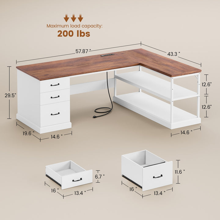 SEDETA® 57.9 Inch Farmhouse L Shaped Computer Desk with Storage Shelves and File Drawers for Home Office